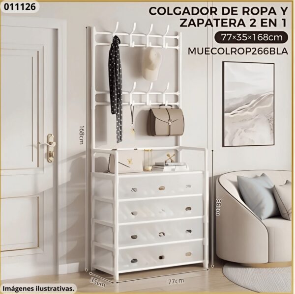 Colgador de Ropa y Zapatera 2 en 1 con 4 Gavetas | Organiza tu Recibidor o Dormitorio