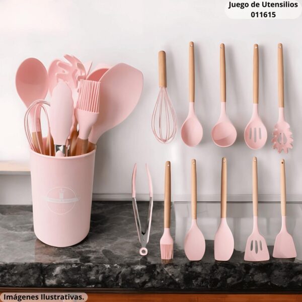 Juego de Utensilios de Cocina 12 Piezas (Silicona y Madera) - Varios Colores